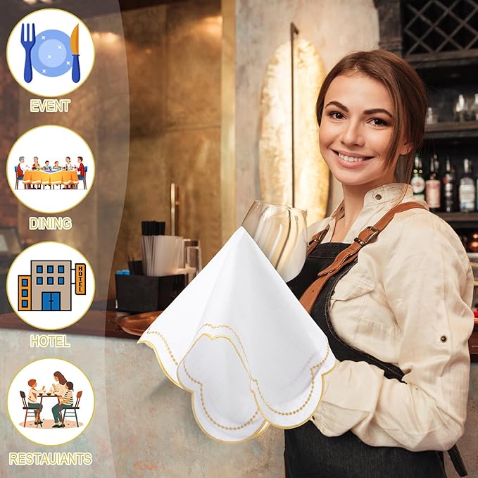 Hahafelt Cloth Napkins 18x18inches Scalloped Embroidery Cloth Napkins Washable Polyester Table Dinner for Hotel Restaurant Weddings Events Parties (Gold,12 Set)