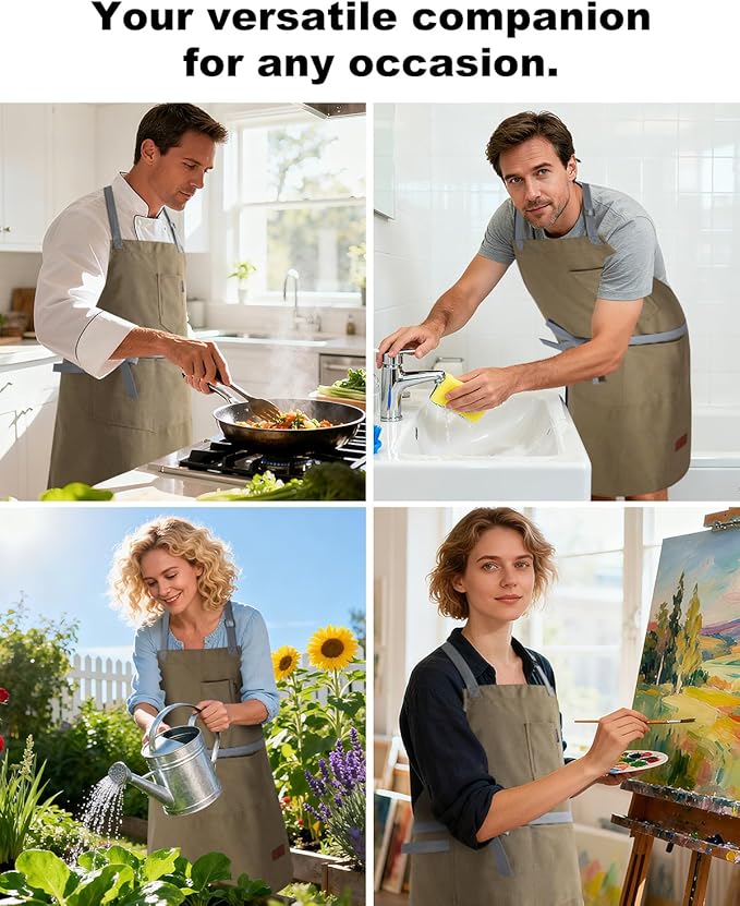 Womens Apron with Pockets Adjustable Shoulder Strap,Aprons for Men 38.5" Extra-Long Straps Fit More Body Types,Chef Apron for Kitchen Garden Barbecue Woodworking(Khaki)