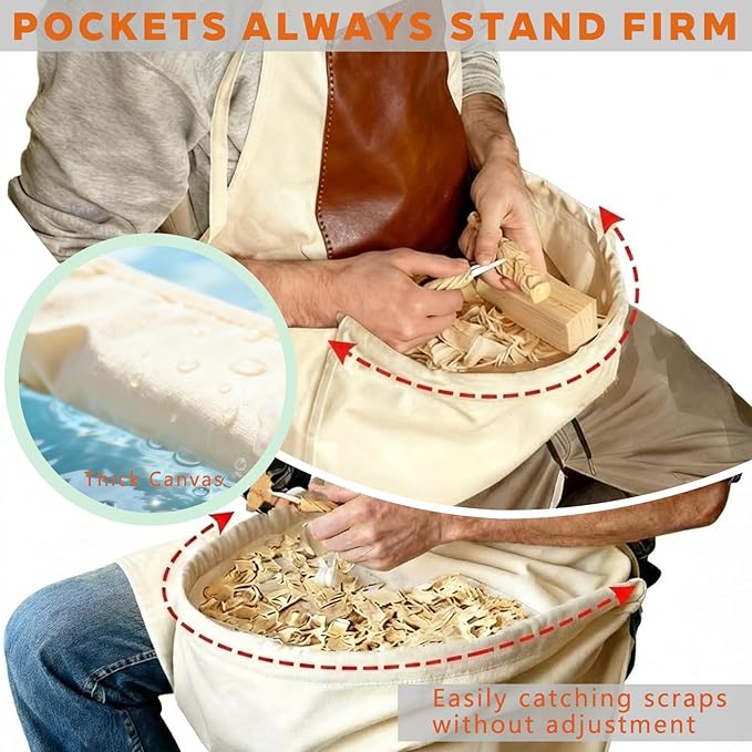 Woodcarving Apron-Work Apron with Brown Leather Chest Patches, Tool Pocket