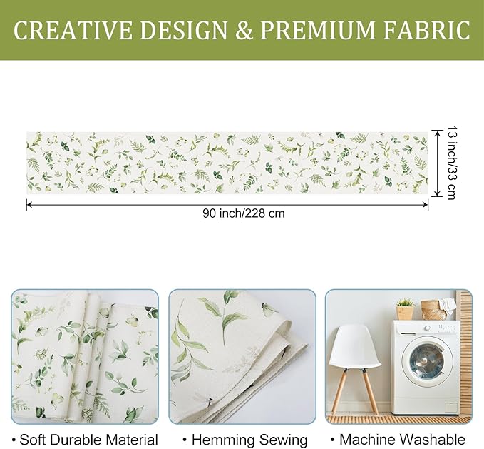 Bonhause Green Eucalyptus Leaves Table Runner 13x90 Inch Greenery Spring Plants Butterfly Seasonal Summer Kitchen Dining Table Decoration for Indoor Outdoor Home Party Decor