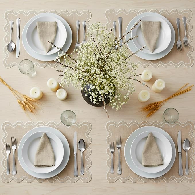 HunnmingRe Set of 6 Cotton Linen Placemats, 13x19 Inch Scalloped Wavy Embroidery Placemat Double Layered Washable Rustic Rectangle Dinner Table Mats for Wedding Home Decor(Beige with Creamy White)