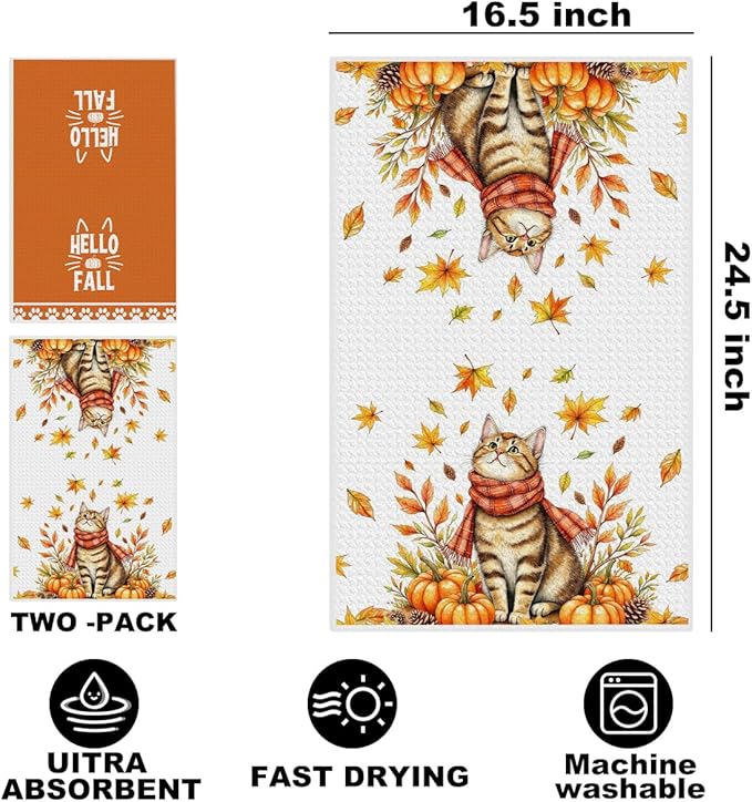 2 Pcs Fall Kitchen Towels, Pumpkin Soft Absorbent Tea Hand Towel, Microfiber Dish Cloths for Drying Dishes, Waffle Dish Towels for Kitchen Bathroom Home Decor, Cat Lover Gifts for Women Mom