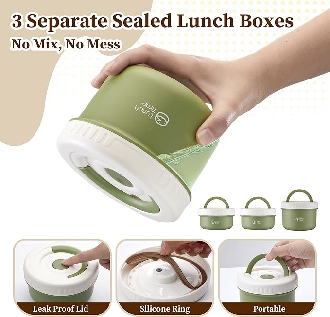 Bento Box Adult Lunch Box Set, 3 Pcs Ceramic Lunch Containers for Adults, 14 Oz+14 Oz+21 Oz Adult Lunchable Containers with Insulated Bag, Leak-Proof, Microwave Safe (Green (Ceramic Liner))
