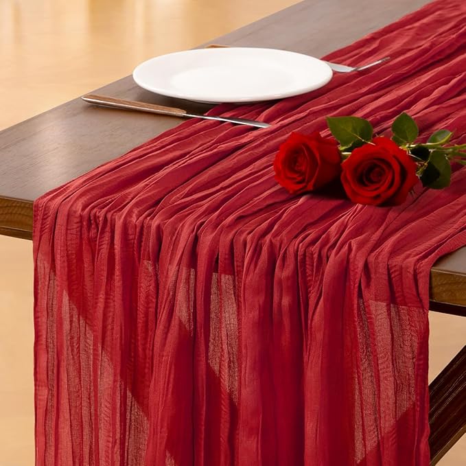 Socomi Red Cheesecloth Table Runner Easter Spring Boho Rustic Gauze 120 inch 10FT Cheese Cloth Runner for Wedding Party Baby Shower Birthday Home Decor Holiday Decorations
