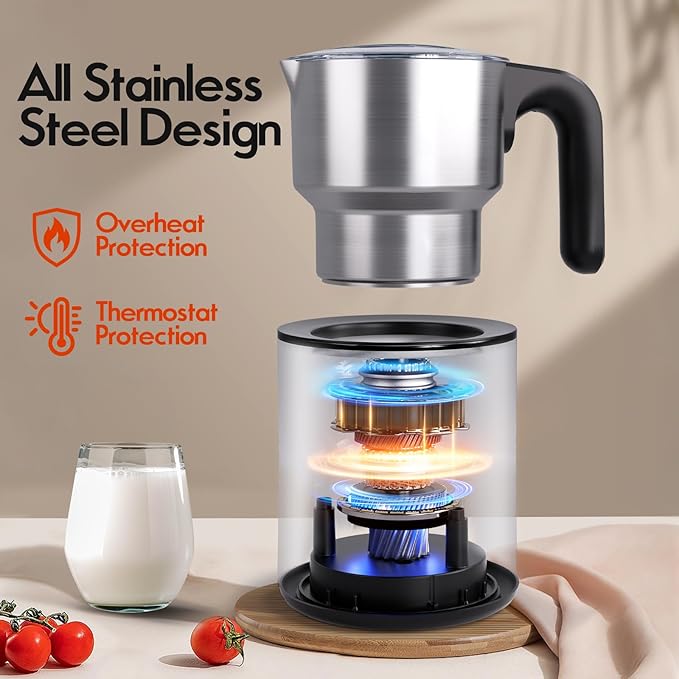 PULZO Electric Milk Frother and Steamer, Detachable Foam Maker, 17 OZ Warm Cold Milk Warmer for Coffee, Latte, Cappuccino, Stainless Steel Jug, Hot Chocolate, Silent Operation, BPA
