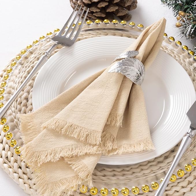 DeZerlor 12 Pack Champagne Cotton Linen Napkins with Fringe Spring Cloth Napkins Set of 12 Boho Handmade Dinner Napkins Bulk for Wedding Bridal Baby Shower Parties, 17 x 17 Inches