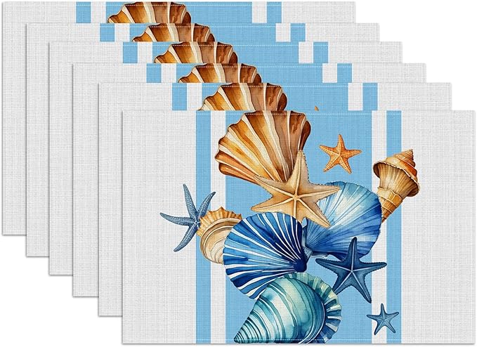 Sea Shell Starfish Placemats Set of 6, Washable Heat Resistant Table Mat Linen Place Mats for Party Kitchen Dining Home Decor 12x18 Inch