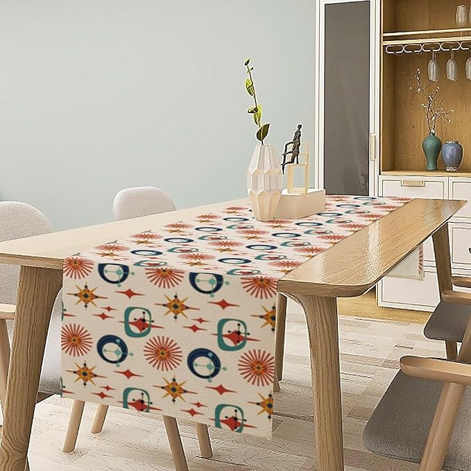 Mid Century Table Runner Retro Abstract Atomic Starbursts Boho Geometric Art Printed Dinner Runner for Home Kitchen Dining Table Decor Fabric 1 Panel W13xL36in