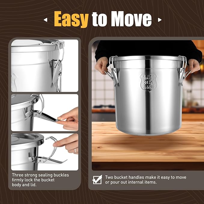 304 Stainless Steel Airtight Canister for Kitchen, Bucket Canisters,Cereal Container with Airtight Lid and Handles,Rice Cereal Grain Storage Canisters for Household (33L/ 8.71Ga)