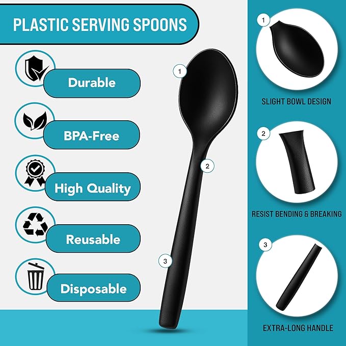 10" Black Plastic Serving Spoons for Buffet, Bulk 12 Count, Heavy Duty Disposable Spoon, Large Plastic Serving Utensils for Catering Supplies, Events, Party, Weddings & More - C&S Event Supply Co.