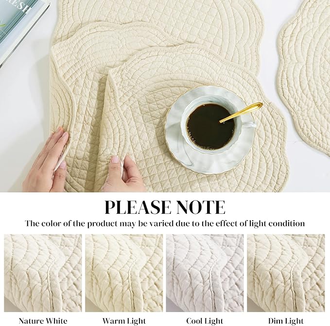 HOMBYS Quilted Placemats Set of 6 Washable Round Placemats for Kitchen Table-100% Cotton Fabric 14 Inch Round Table Mats, Cotton Fabric with Microfiber Filling, (14"x14", Flax)