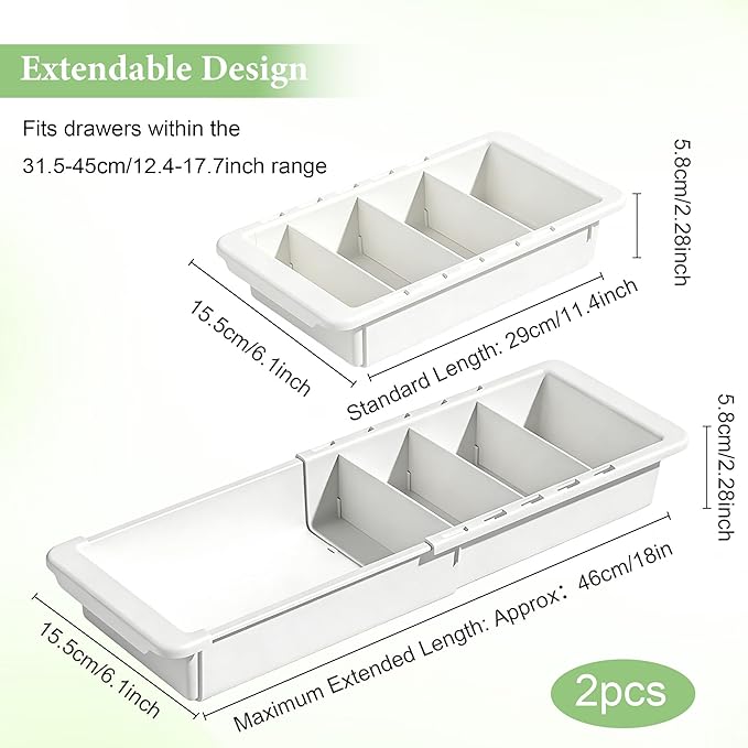 2 Pack Expandable Hanging Drawer Organizer with Removable Dividers, Adjustable Deep Drawer Organizer Tray 11.4–18Inch for Kitchen, Makeup, Bathroom, Desk Drawer Storage