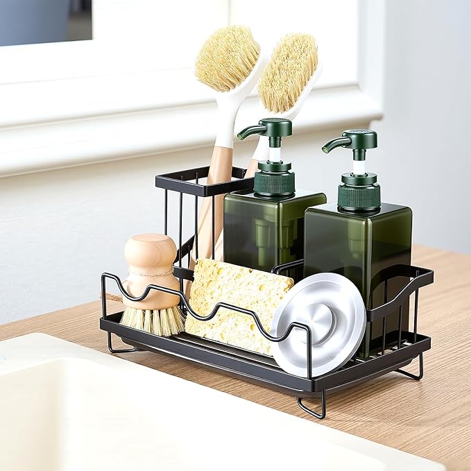 Sink Caddy & Organizer with Drain Tray, Countertop Holder for Sponges, Dishwashing Liquid, Long Handle Scrubber Compartment - Black