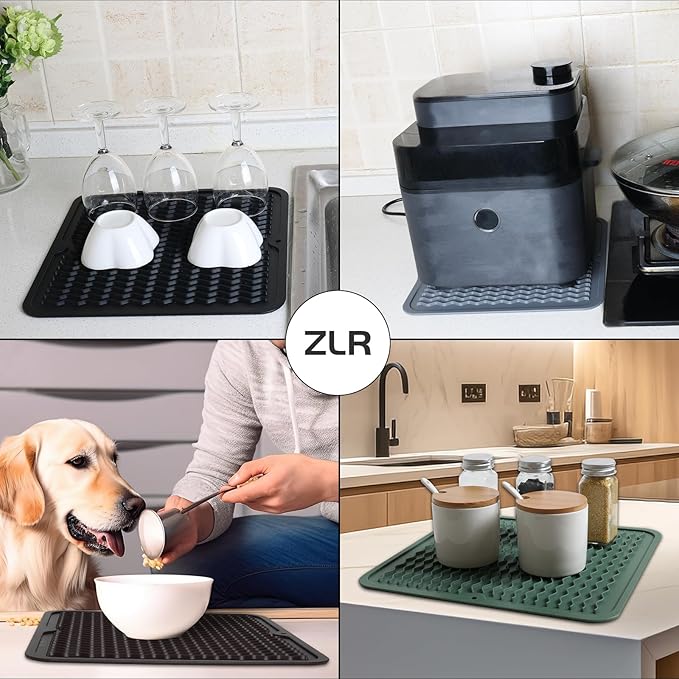ZLR 2 Pcs Silicone Dish Drying Mat 12" x 12" Square - Small Heat Resistant Trivet & Countertop Protector for Air Fryer, Coffee Maker - Waterproof Kitchen Drain Pad for Cups, Fruit (Dark Gray)