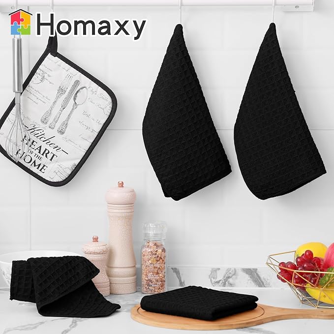 Homaxy Microfiber Waffle Weave Kitchen Towels Set, 16 x 28 Inch and 12 x 12 Inch Ultra Absorbent and Solid Color Dish Towels, 12 Pack, Black