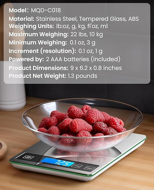 Nicewell Food Scale, 22lb Digital Kitchen Scale Weight Grams and oz for Cooking Baking, 1g/0.1oz Precise Graduation, Stainless Steel and Tempered Glass