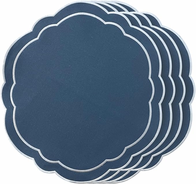 Round Placemats Set of 4, Cotton Linen- Double Layered, Luxury Scalloped Embroidered Cloth Table mats, 16 inch, Washable Fabric Dining Placemat (Blue)