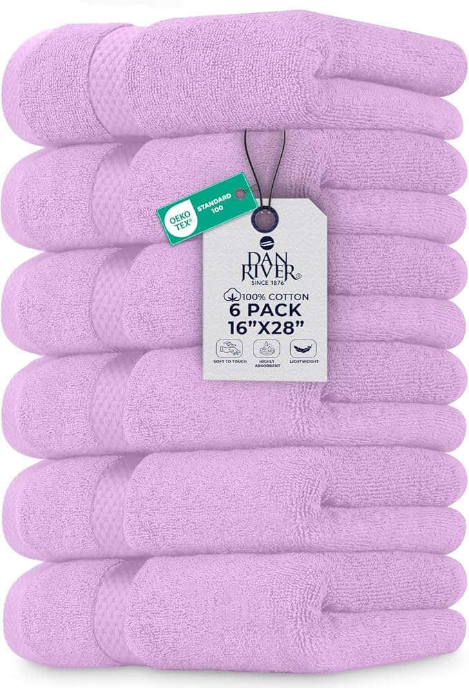 DAN RIVER 6-Pack Premium Hand Towels (16x28 Inches) - 100% Cotton, Ultra Soft, Lightweight, Highly Absorbent Towels for Bathroom, Spa, Gym, Salon, Hotel, and Travel - Lavender