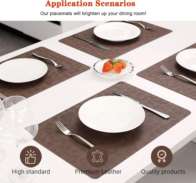 Vinyl Placemats Set of 12 Heat Resistant Easy Clean Non-Slip Place Mats for Dining Table Faux Leather Waterproof Stain Resistant Wipeable Washable PVC Table Mats(12, Brown)