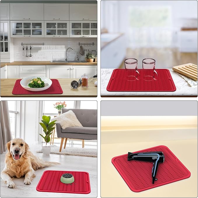 ZLR Silicone Dish Drying Mat 12" x 12" Square - Small Heat Resistant Trivet & Countertop Protector for Air Fryer, Coffee Maker - Waterproof Kitchen Drain Pad for Cups, Fruit (Lava Red)
