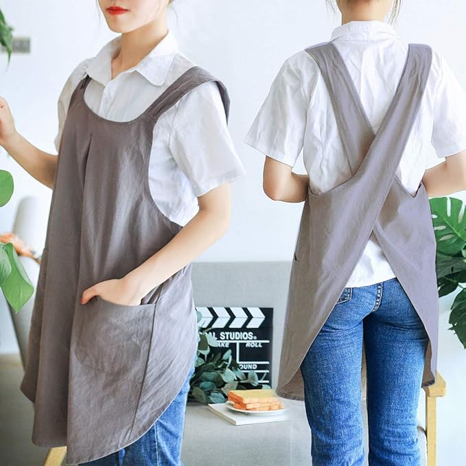 NEWGEM Japanese Cotton Linen Cross Back Cooking Apron for Women Men with Pockets Cute for Baking Kitchen
