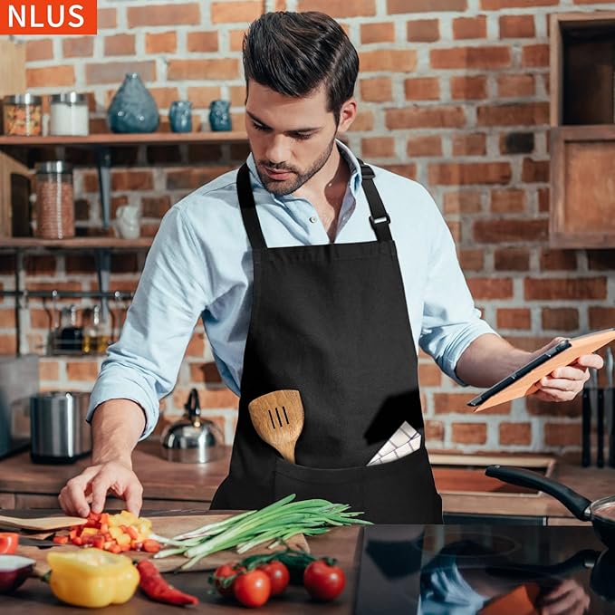 NLUS 2 Pack Kitchen Cooking Aprons, Adjustable Bib Soft Chef Apron with 2 Pockets for Men Women (Black,2)