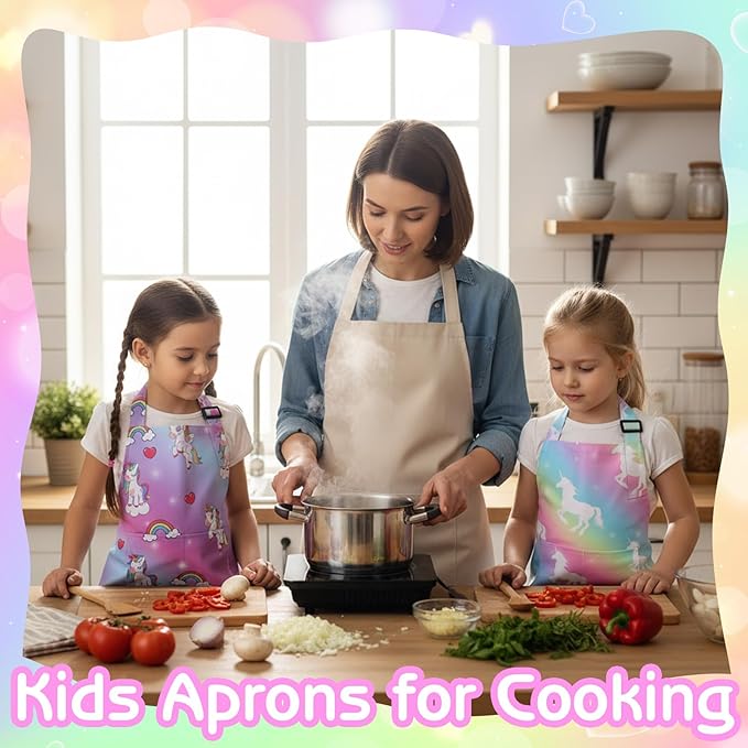 2 Pack Kids Apron and Chef Hat Adjustable Kitchen Cooking Aprons with Pockets for Girls Boys Baking Painting