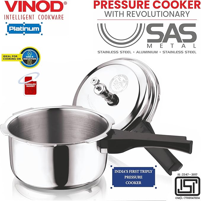 Vinod Platinum Triply Stainless Steel Outer Lid Pressure Cooker 1.5 Litre/Gasket Release System/Induction and Gas Base Cooker/ISI Certified- Silver