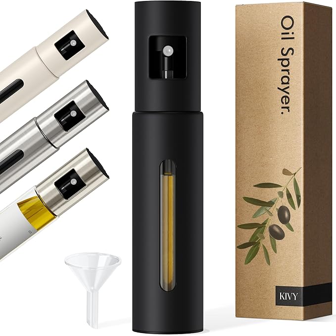 KIVY Glass Oil Sprayer for Cooking– Precise Oil & Vinegar Spray Bottle Oil Mister Spray Bottle for Food – Includes Funnel – Perfect for Cooking & Air Fryer (Black)