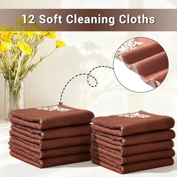 YUA Microfiber Cleaning Cloth 12 Pack,Microfiber Towels Cleaning,Microfiber Towels for Cars,Absorbent Dish Washing Cloth,Reusable Cleaning Cloths Lint Free (Brown Corner Flower)