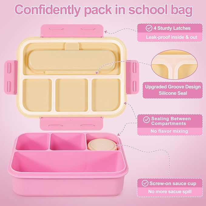 Caperci 50oz Larger Bento Box for Kids - Reinforced Leakproof Lunch Box Containers for Kids, Built-in Sauce Cup, Utensils, 4 Compartments, BPA-Free Microwave & Dishwasher Safe (Yellow/Pink)