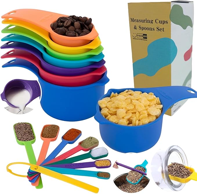 15 Pieces Colorful Plastic Measuring Cups and Spoons Set for Accurate Dry & Liquid Ingredients Measurements, Ideal Kitchen Set for Baking & Cooking – Premium, Durable, Easy-to-Use Set