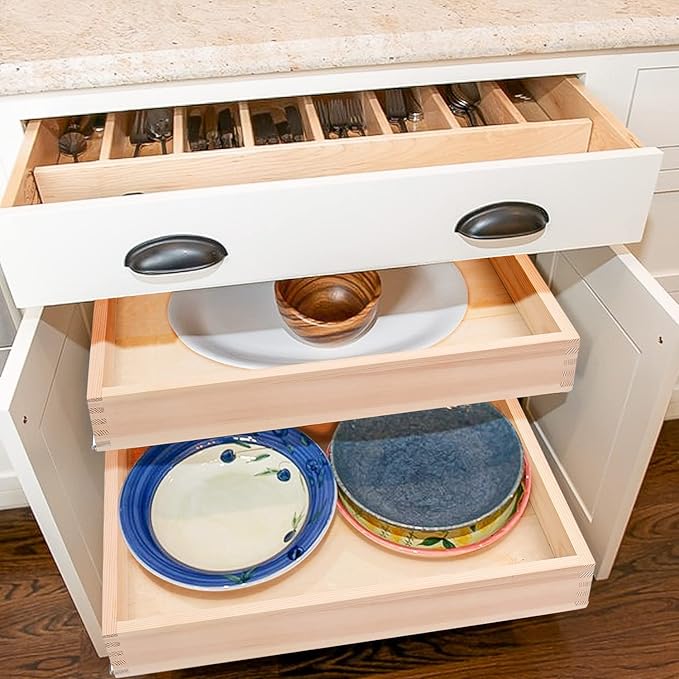 Mulush 10”W x 21”D x 3”H Soft Close Slide Out Wood Drawer Organizer for Kitchen, (Cabinet Opening>11.5 inches for Bottom Assembly, Opening= 11 inches for Side Assembly)