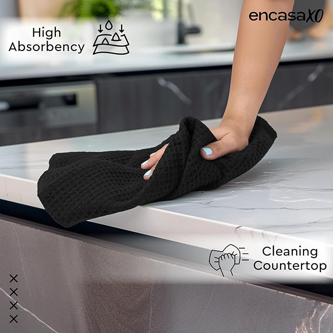 Encasa XO Kitchen Dish Towels Set | Black | Waffle Weave and Flat Hand Tea Towel | 28"x18" | Quick Drying Reusable Cotton Washcloths | Multipurpose Lightweight Dishcloths Set of 4