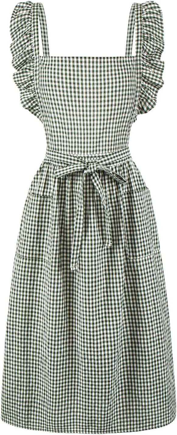 Vintage Gingham Apron for Women, Ruffle Straps, 2 Pockets, Soft Cotton, Apron Dress Style for Cooking & Baking