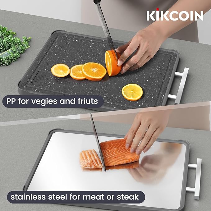 Kikcoin 17"×11" 304 Stainless Steel Cutting Boards for Kitchen, Food Grade BPA-Free Double Sided Cutting Board, Extra Large Non-Toxic Chopping Board for Meat, Vegetables, Cheese & Charcuterie, Black