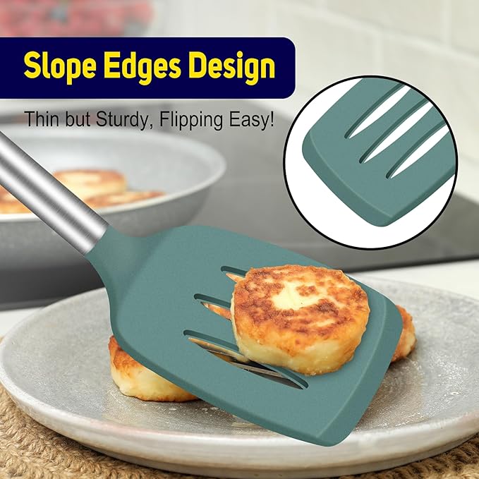 HOTEC Silicone Spatula Set of 2 Heat-Resistant 600°F & BPA-Free Kitchen SaptulaTurner with Stainless Steel Handles, Slotted & Solid Spatulas for Nonstick Cookware, 13.7 Inch, Sage Green