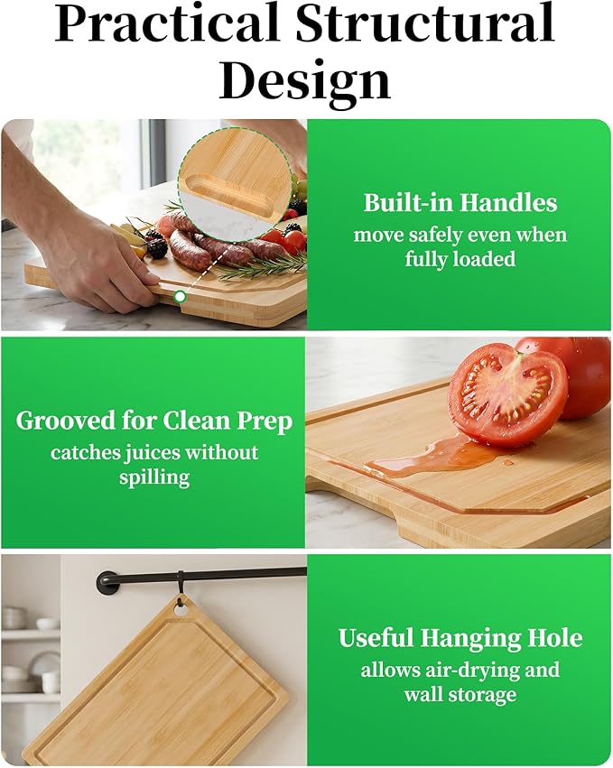 Kitchen Cutting Board Set - 3-Piece Wooden Cutting Boards for Kitchen with Juice Groove, Handles, Hang Holes, Stylish Kitchen Essentials for Chpping & Serving, Natural, 0.4"Th - (L+M+S)