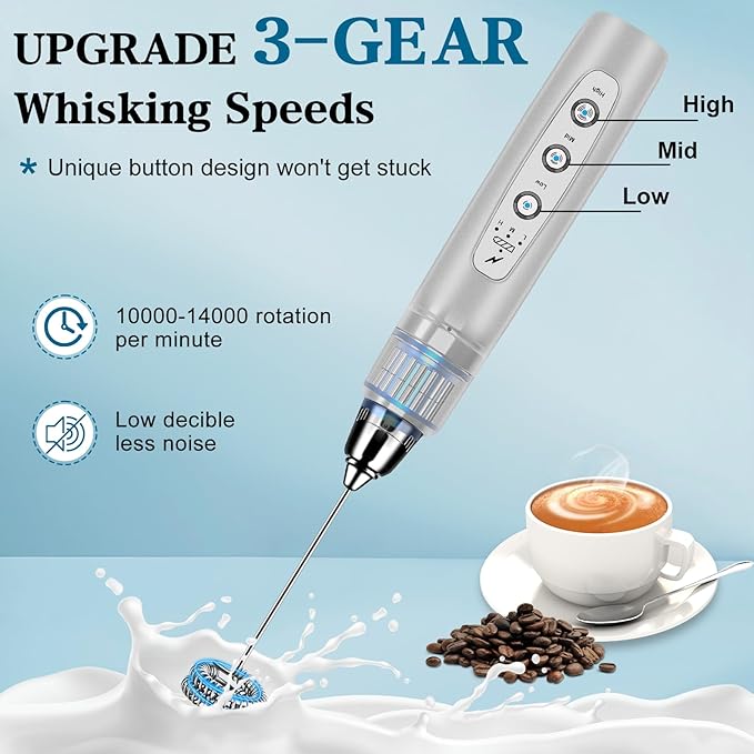 BSRGMS Milk Frother Handheld for Coffee, Electric Whisk 3 Speed Adjustable, Drink Mixer with Stainless 3 Whisks, Rechargeable Hand Frother Wand, Foam Maker for Latte Cappuccino Matcha Egg Silver