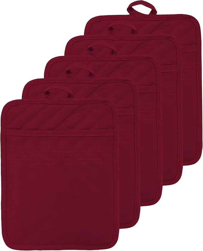 Oven Pot Holder with Pocket Cotton Heat Resistant Coaster Potholder Kitchen Hot Pad Oven Mitts for Cooking Square 7"x9"Set of 5 (Burgundy red, 5)