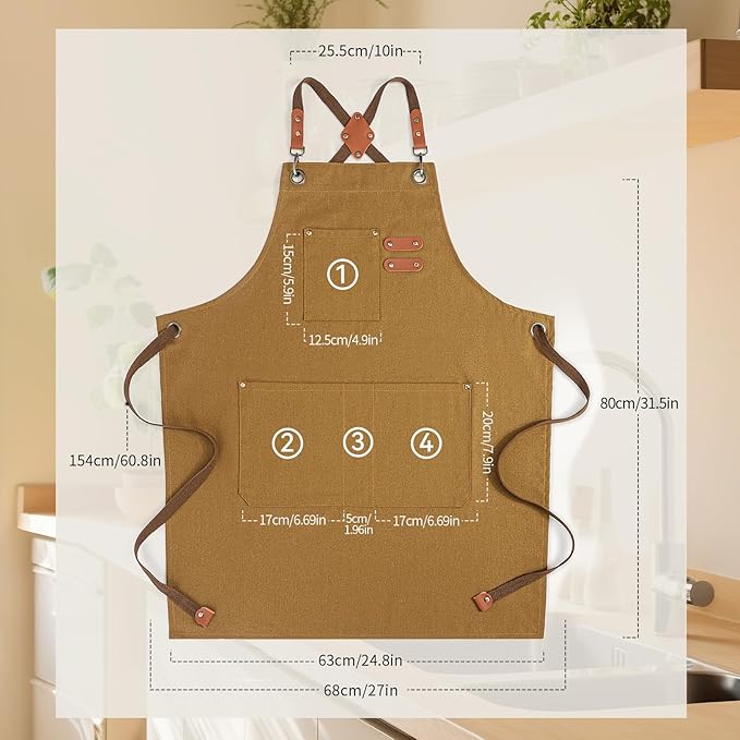 Chef Aprons for Men Women with Large Pockets, Cotton Canvas Water Repellent Kitchen Apron for Cooking