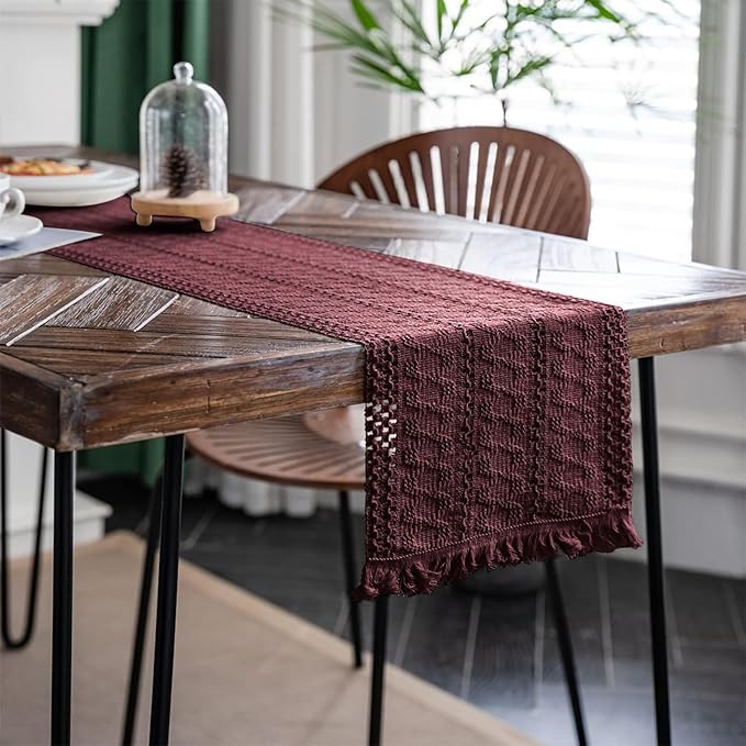 Alynsehom Macrame Table Runner Burgundy Boho Table Runners with Tassels Hand Woven Cotton Table Runner Rustic Farmhouse Table Runners for Bohemian Kitchen Dining Table(12x60in)