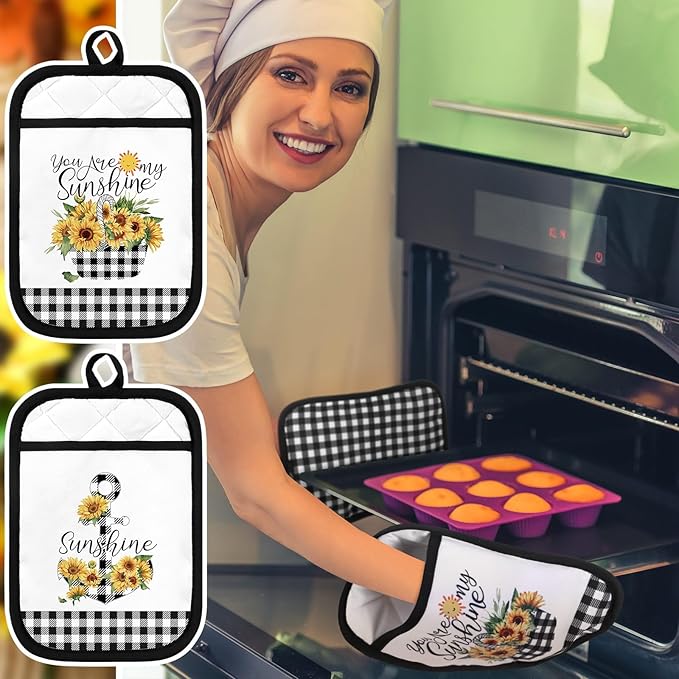 8 Pcs Sunflower Pot Holders with Pocket Buffalo Plaid Potholder Farmhouse Kitchen Heat Resistant Potholders Sunflower Hot Pad Oven Mitt Cookie Bag Oven Glove for Kitchen Decoration Baking Cooking Gift