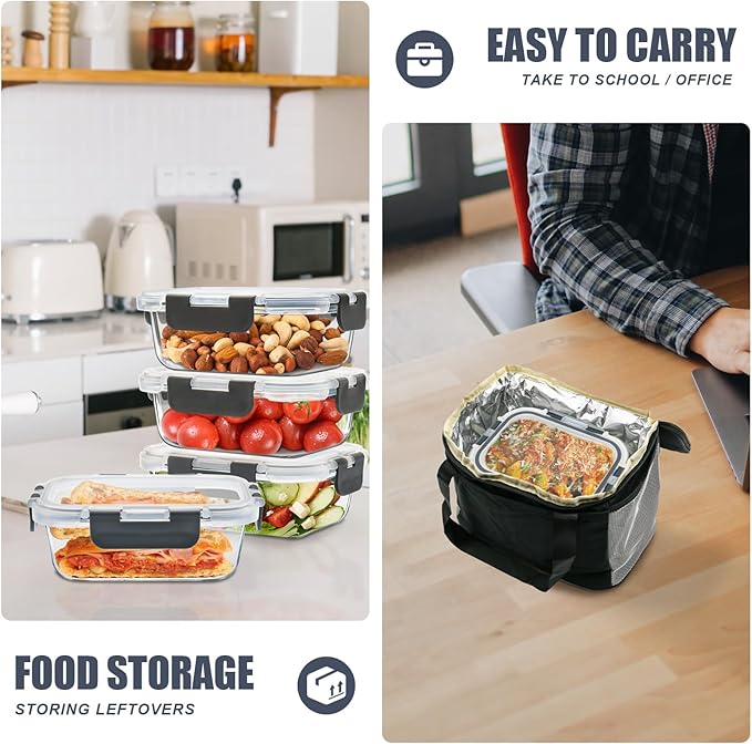 6pack 12oz Small Glass Meal Prep Containers, Glass Food Storage Containers with Snap Leak Proof Lids, Microwave, Freezer and Dishwasher Safe (Grey, 12oz)