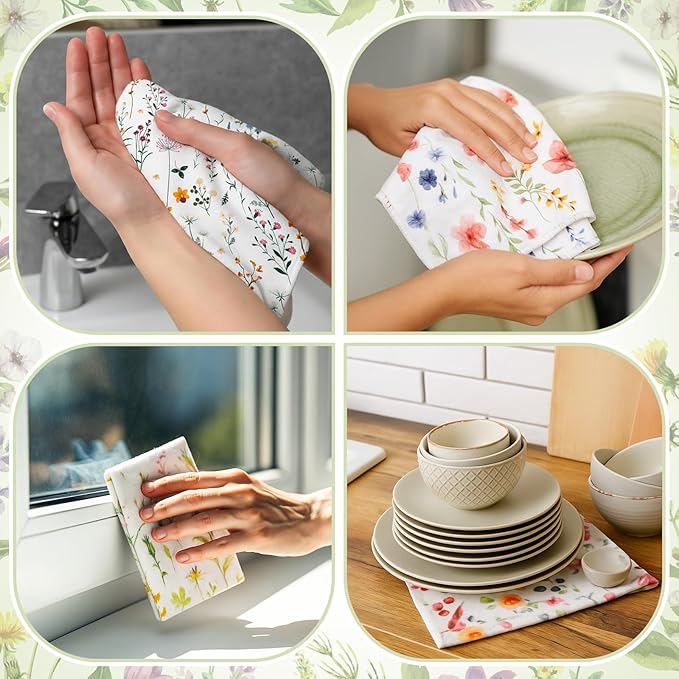 18 Pack Reusable Cleaning Cloths Washable Cotton Kitchen Dish Towels for Home Party Supplies Bulk, 9.84x11.81in (Wildflowers)