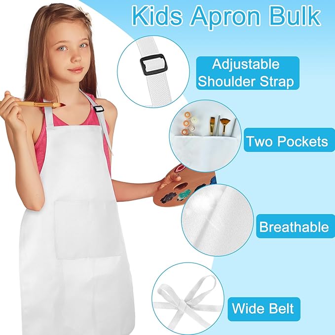 24 Pack Kids Apron bulk with 2 Pockets Adjustable Chef Art Apron Kids Painting Aprons for Cooking Baking Painting Crafting Grilling Activity（White）