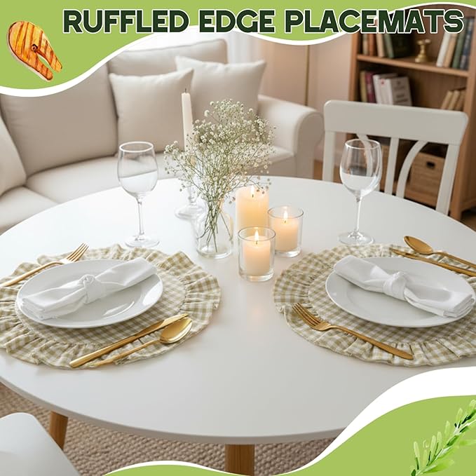 4 Pcs 15 Inch Linen Scalloped Round Placemats, Thin Plaid Place Mats with Ruffle, Washable Placemats Table Mats for Kitchen Dining Holiday Gatherings Decor(Light Brown, Gingham)