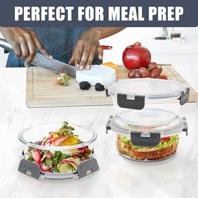 6 Pack Glass Food Storage Containers with Lids, Ideal for Meal Prep, Leftovers, Freezer to Microwave Safe (Grey, 21oz)
