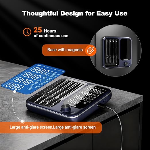 4-Probes Smart Wireless Meat Thermometer with WiFi & Bluetooth, Digital Meat Thermometer for Smoker, Oven & BBQ, Rechargeable Magnetic Base, Large Digital Backlit Screen