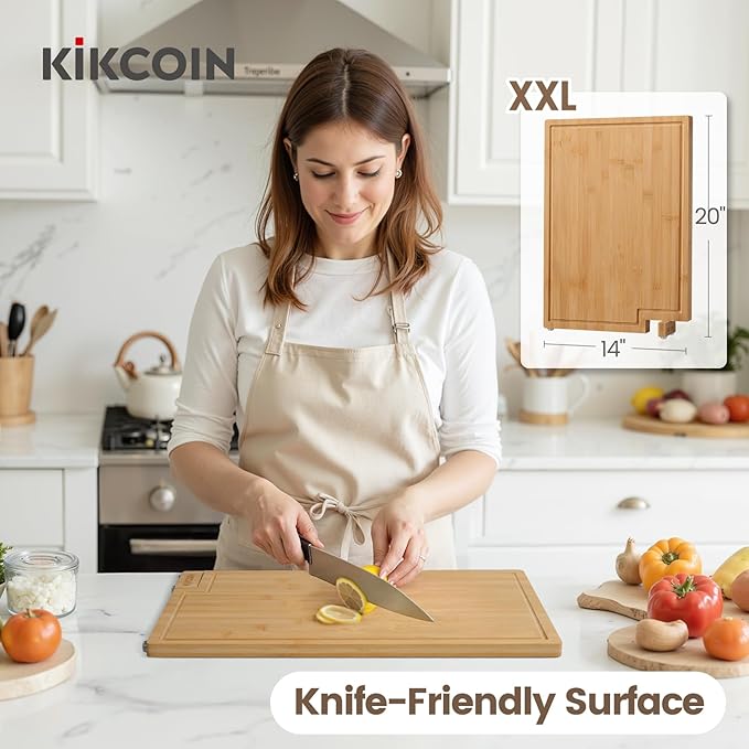 Kikcoin Bamboo Cutting Boards for Kitchen, 2XLarge Wood Cutting Board with Rotating Kickstand & Juice Groove, Wooden Chopping Board for Meats Veges Fruits, Heavy Duty Serving Tray, 20 x 14 inch